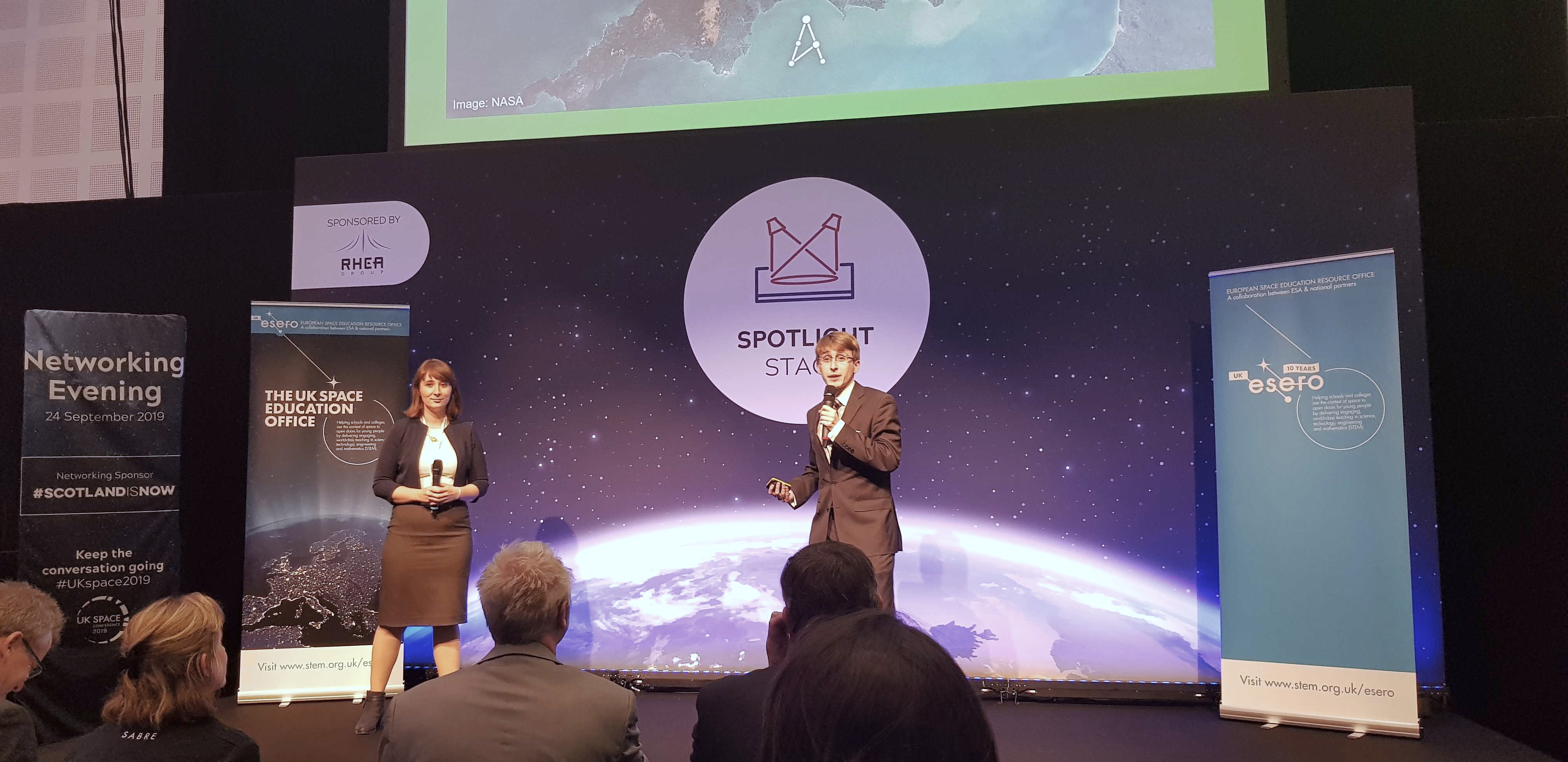 Heidi and Joseph speaking at the UK Space Conference 2019